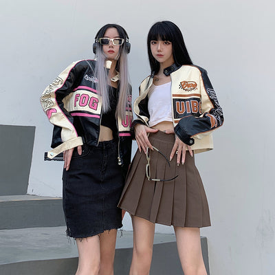 Blouson de moto court en similicuir pour femmes, veste de course